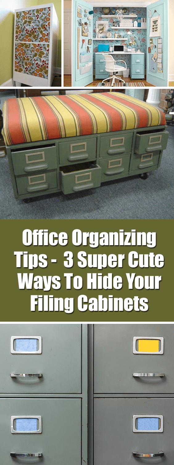 Office Organizing Tips – 3 Super Cute Ways To Hide Your Filing Cabinets | If you need to hide your filing cabinets, here are some great ideas! Painting them to just make them part of your décor can make them blend in, or even make them the focal point of the room.