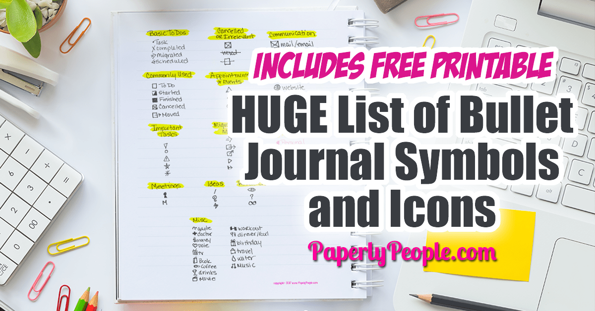 HUGE List of Bullet Journal Symbols and Icons… Ideas and inspiration for your bullet journal planner! Simple list on a printable sheet, great for minimalist planners. #bulletjournal #bujo