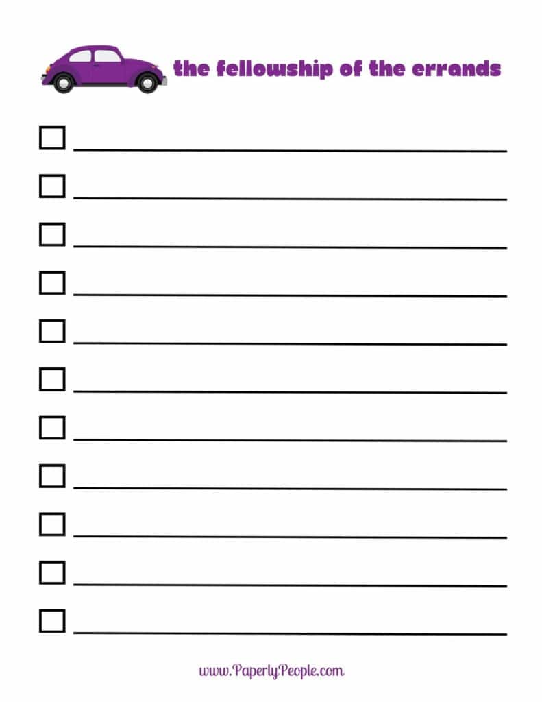 The Fellowship of the Errands - Free Printable To Do List